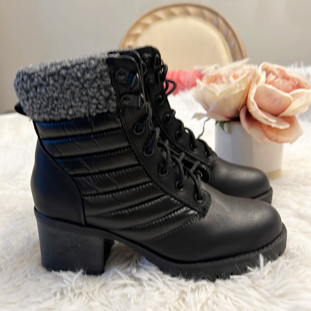 NEW MIA Black Fabric Combat lace up heel boots women size 6